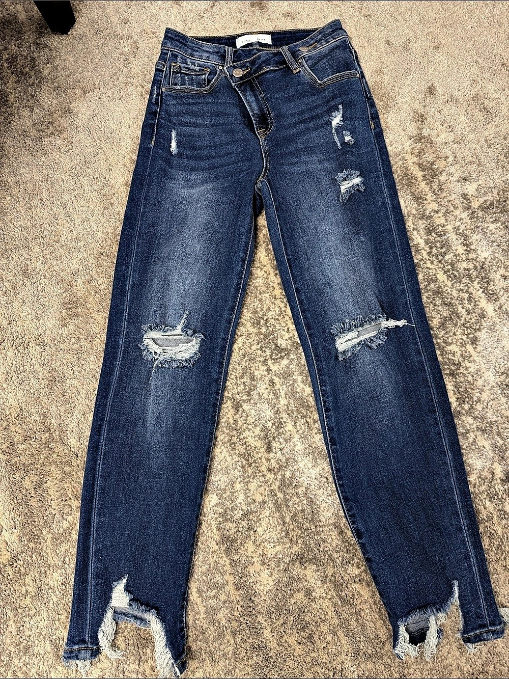 Risen Ankle Jeans High Rise Asymmetric Crossover Distressed Straight Leg Jeans